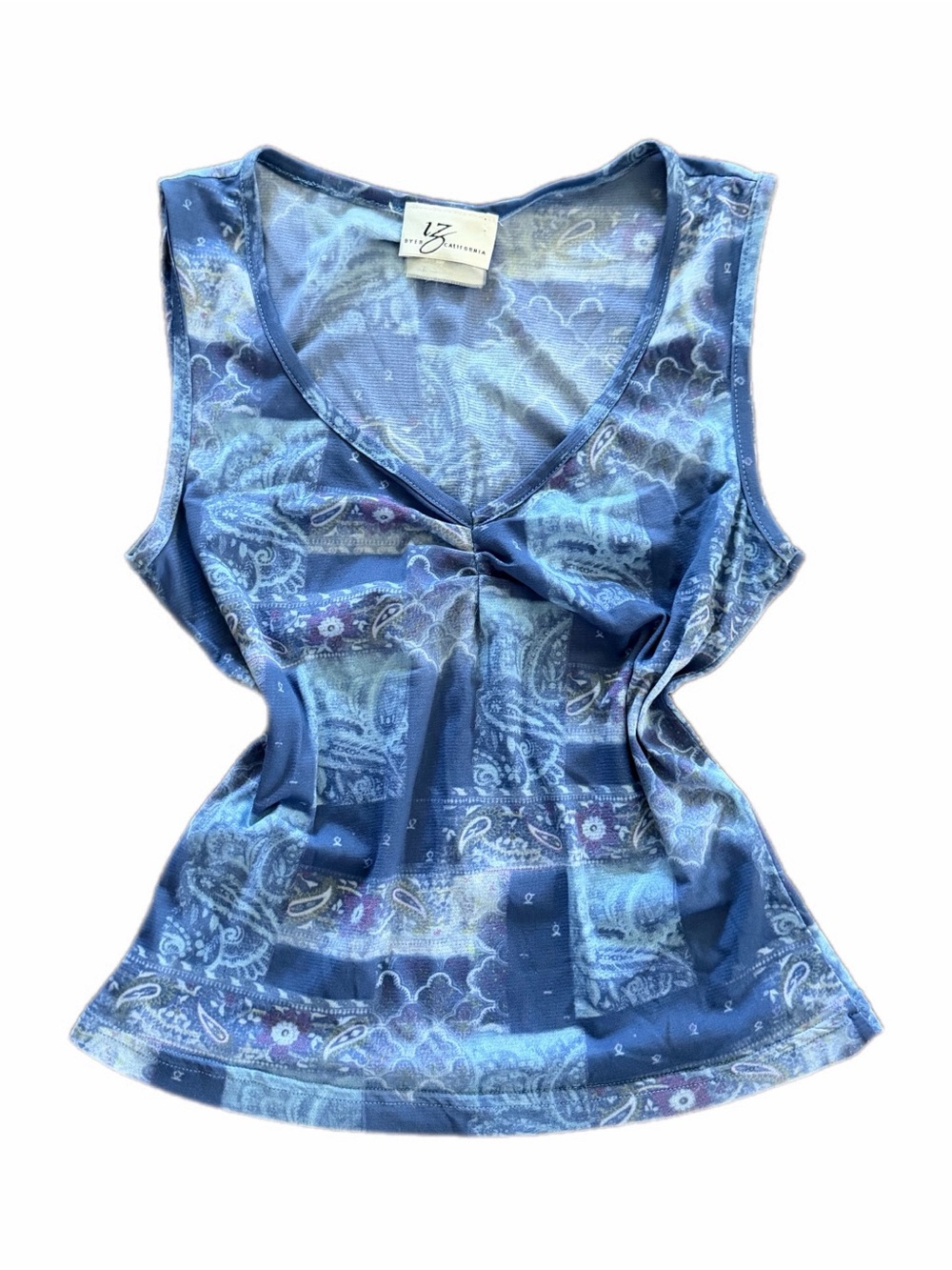 Y2K 2000’s Iz Byer Blue Paisley Mesh V-Neck Party Top